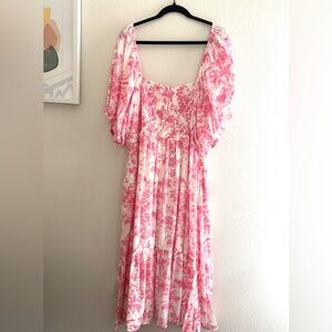 Lauren Conrad Pink Tropical Smocked Midi Dress